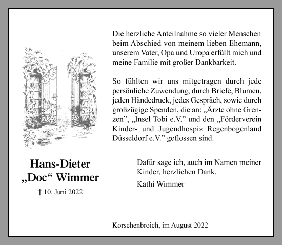 Traueranzeige von Hans-Dieter Wimmer von Rheinische Post