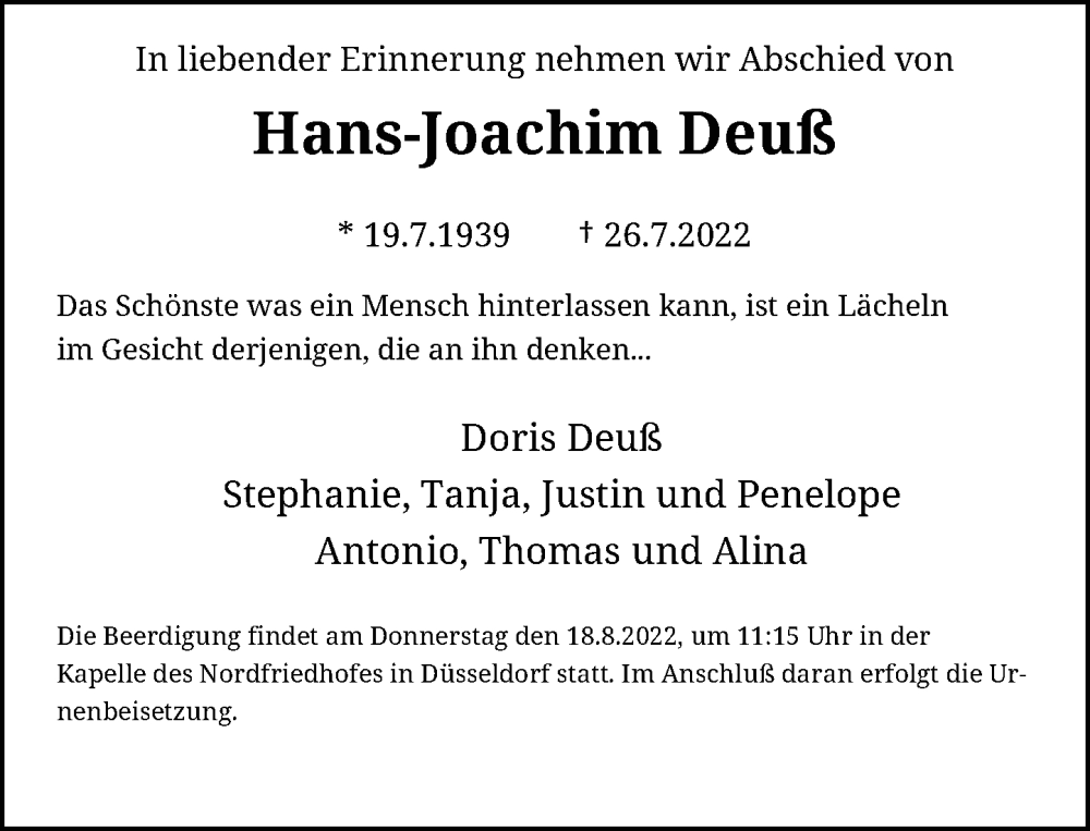  Traueranzeige für Hans-Joachim Deuß vom 13.08.2022 aus Rheinische Post