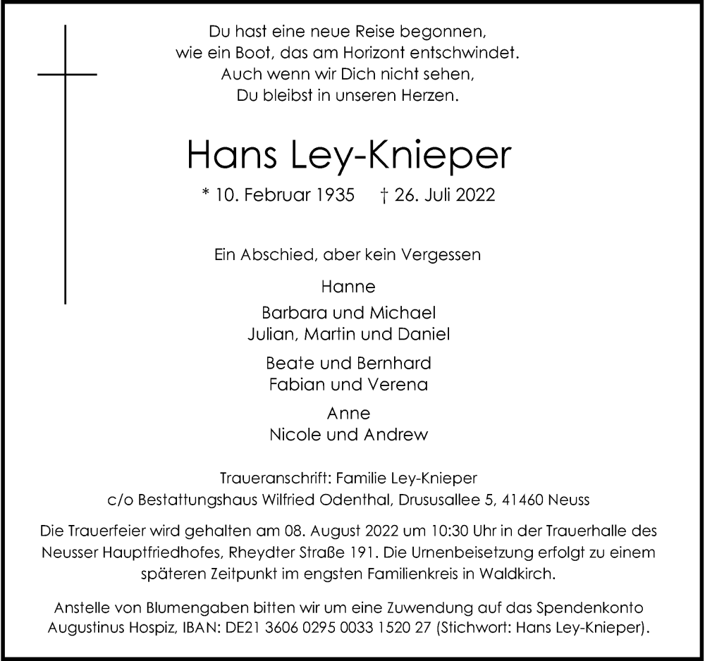  Traueranzeige für Hans Ley-Knieper vom 03.08.2022 aus Rheinische Post