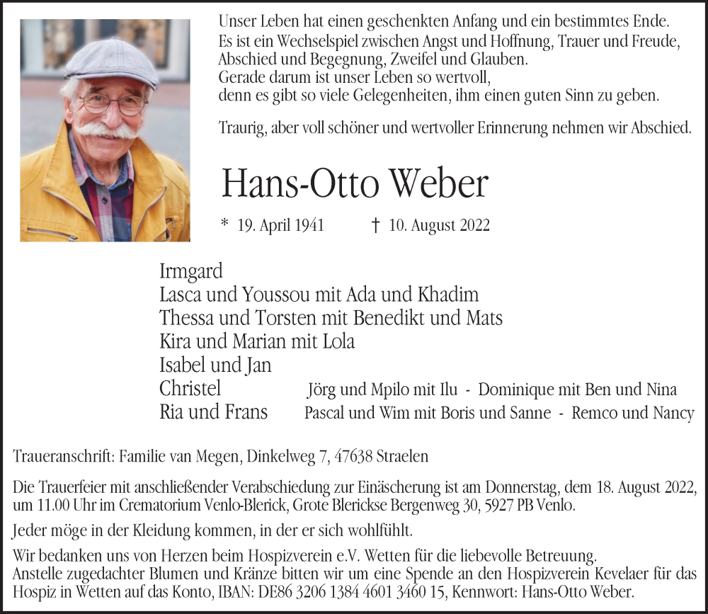  Traueranzeige für Hans-Otto Weber vom 13.08.2022 aus Rheinische Post