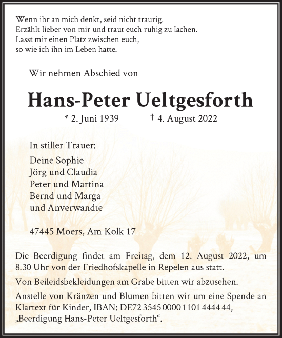 Traueranzeige von Hans-Peter Ueltgesforth von Rheinische Post