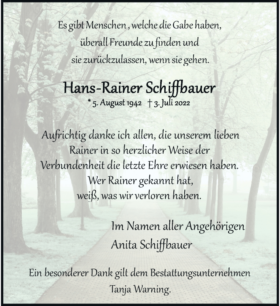  Traueranzeige für Hans-Rainer Schiffbauer vom 06.08.2022 aus Rheinische Post