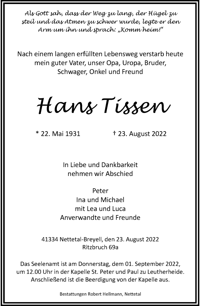  Traueranzeige für Hans Tissen vom 27.08.2022 aus Rheinische Post