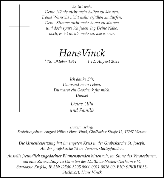 Traueranzeige von Hans Vinck von Rheinische Post