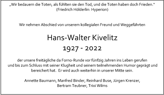 Traueranzeige von Hans-Walter Kivelitz von Rheinische Post