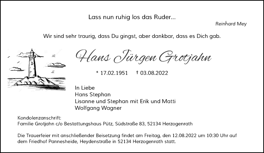  Traueranzeige für Hans Jürgen Grotjahn vom 06.08.2022 aus Rheinische Post