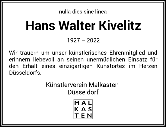 Traueranzeige von Hans Walter Kivelitz von Rheinische Post