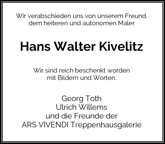 Traueranzeige von Hans Walter Kivelitz von Rheinische Post