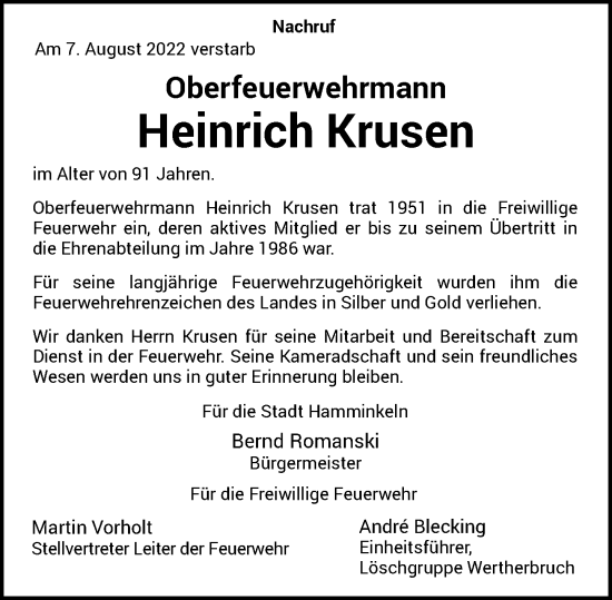 Traueranzeige von Heinrich Krusen von Rheinische Post
