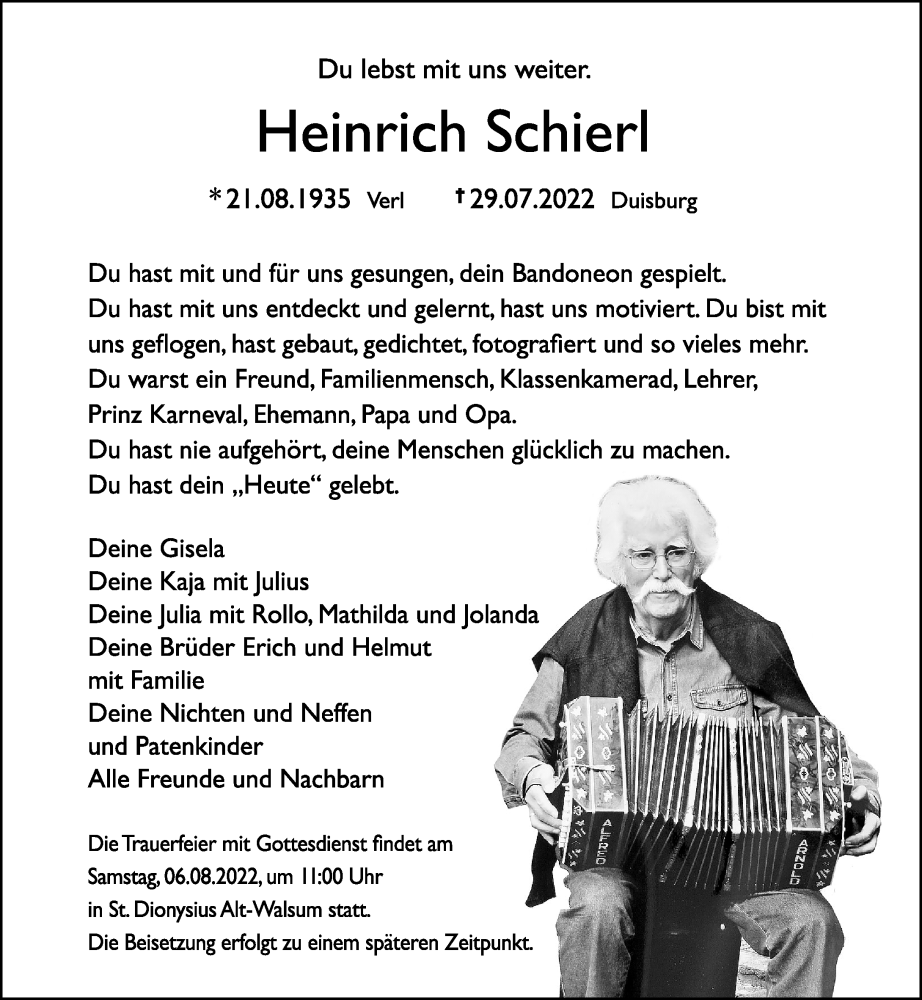  Traueranzeige für Heinrich Schierl vom 03.08.2022 aus Rheinische Post