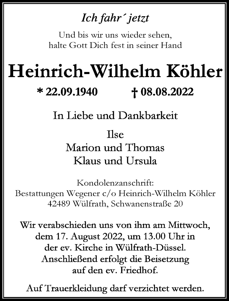  Traueranzeige für Heinrich-Wilhelm Köhler vom 13.08.2022 aus Rheinische Post