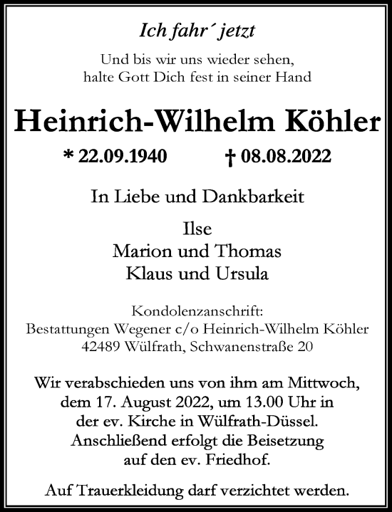 Traueranzeige von Heinrich-Wilhelm Köhler von Rheinische Post