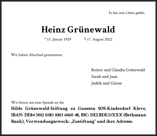 Traueranzeige von Heinz Grünewald von Rheinische Post