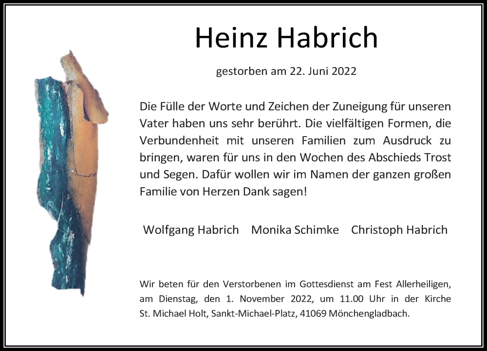  Traueranzeige für Heinz Habrich vom 13.08.2022 aus Rheinische Post