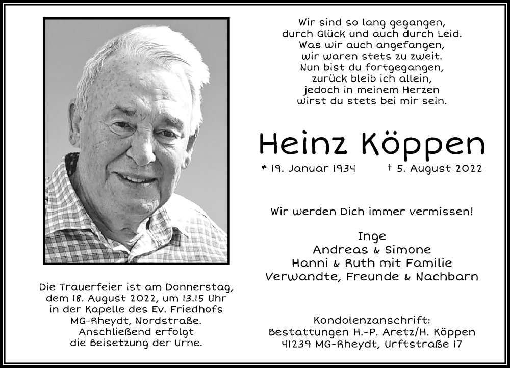  Traueranzeige für Heinz Köppen vom 13.08.2022 aus Rheinische Post