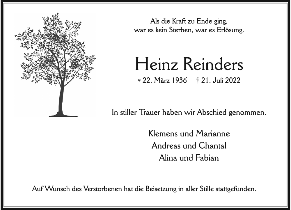  Traueranzeige für Heinz Reinders vom 06.08.2022 aus Rheinische Post