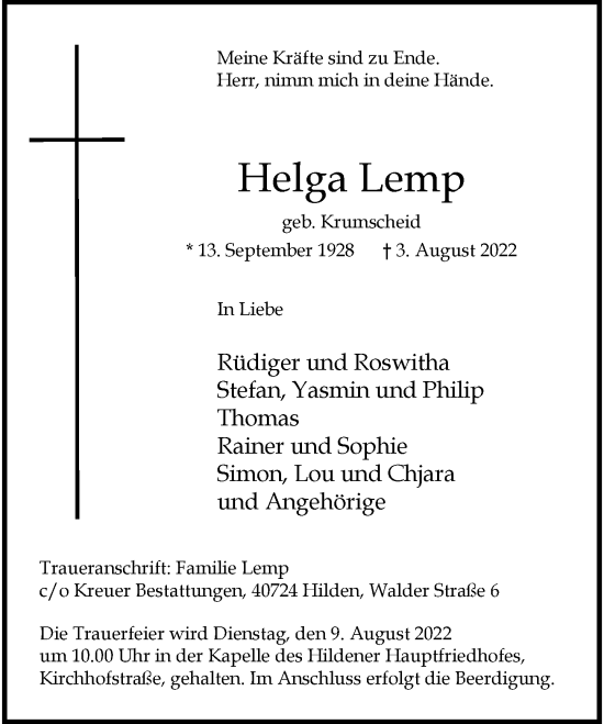 Traueranzeige von Helga Lemp von Rheinische Post