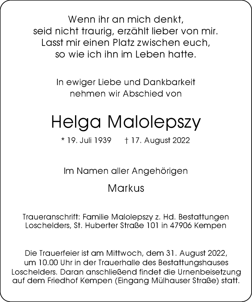 Traueranzeige für Helga Malolepszy vom 27.08.2022 aus Rheinische Post