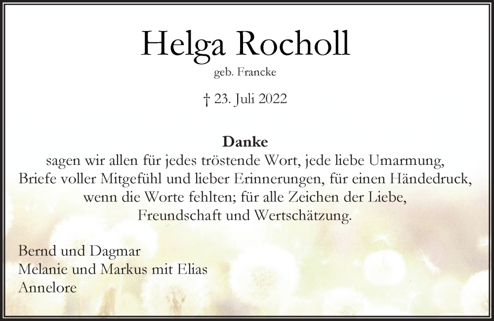  Traueranzeige für Helga Rocholl vom 20.08.2022 aus Rheinische Post