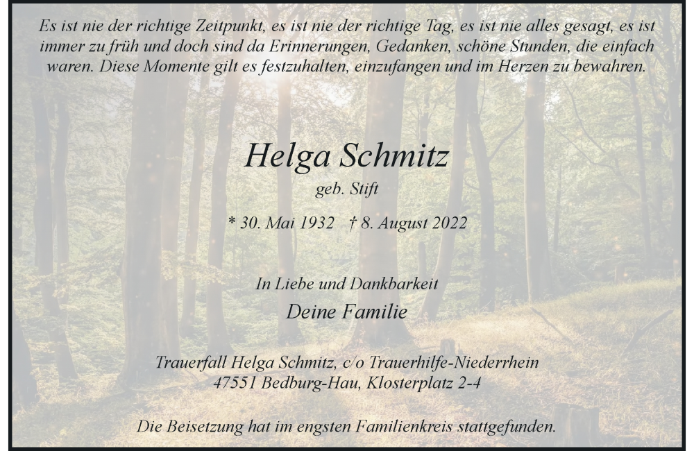  Traueranzeige für Helga Schmitz vom 20.08.2022 aus Rheinische Post