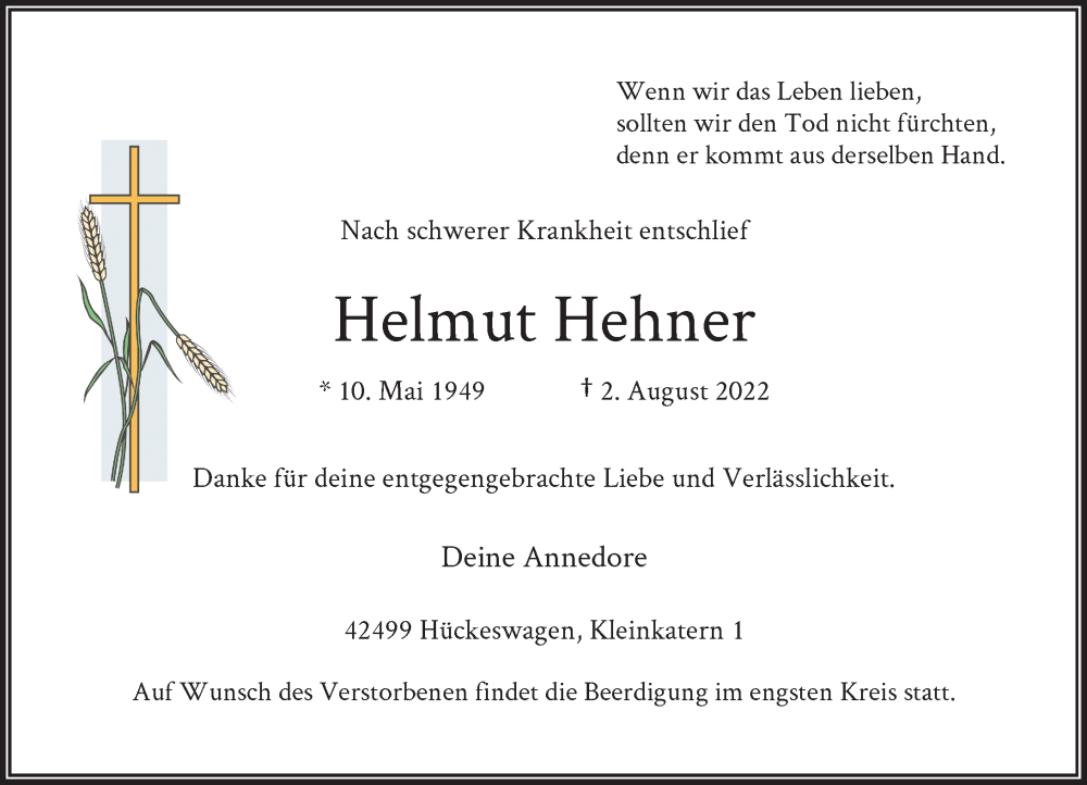  Traueranzeige für Helmut Hehner vom 06.08.2022 aus Rheinische Post