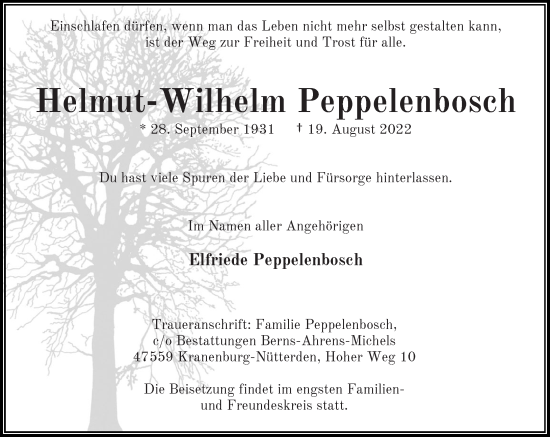 Traueranzeige von Helmut-Wilhelm Peppelenbosch von Rheinische Post