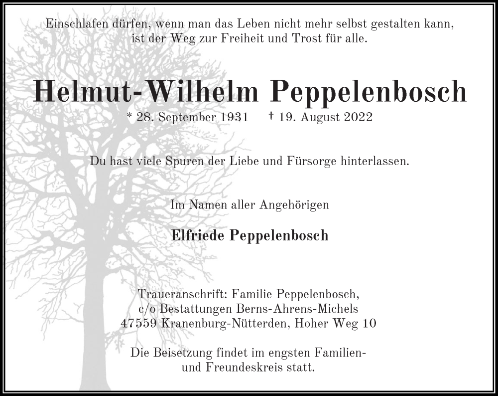  Traueranzeige für Helmut-Wilhelm Peppelenbosch vom 27.08.2022 aus Rheinische Post