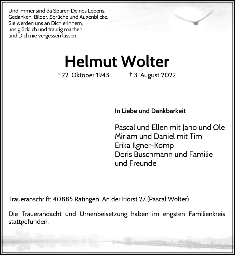 Traueranzeige für Helmut Wolter vom 27.08.2022 aus Rheinische Post