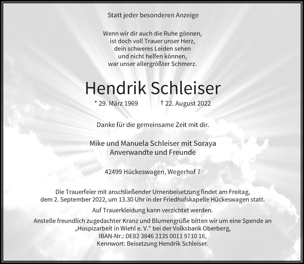  Traueranzeige für Hendrik Schleiser vom 27.08.2022 aus Rheinische Post