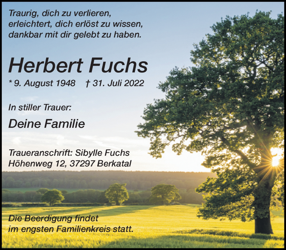  Traueranzeige für Herbert Fuchs vom 06.08.2022 aus Rheinische Post