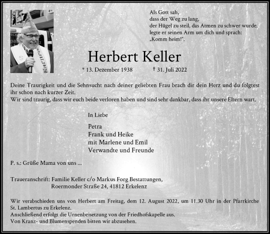 Traueranzeige von Herbert Keller von Rheinische Post