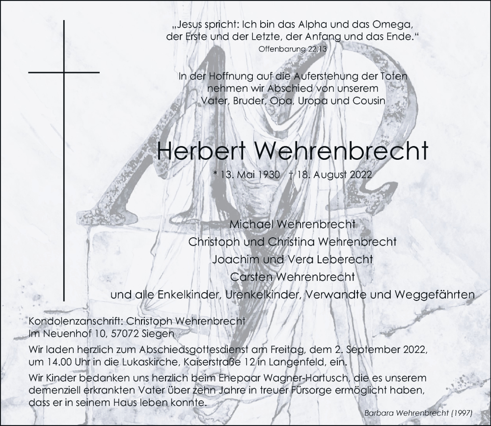  Traueranzeige für Herbert Wehrenbrecht vom 27.08.2022 aus Rheinische Post