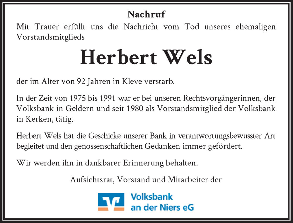  Traueranzeige für Herbert Wels vom 12.08.2022 aus Rheinische Post