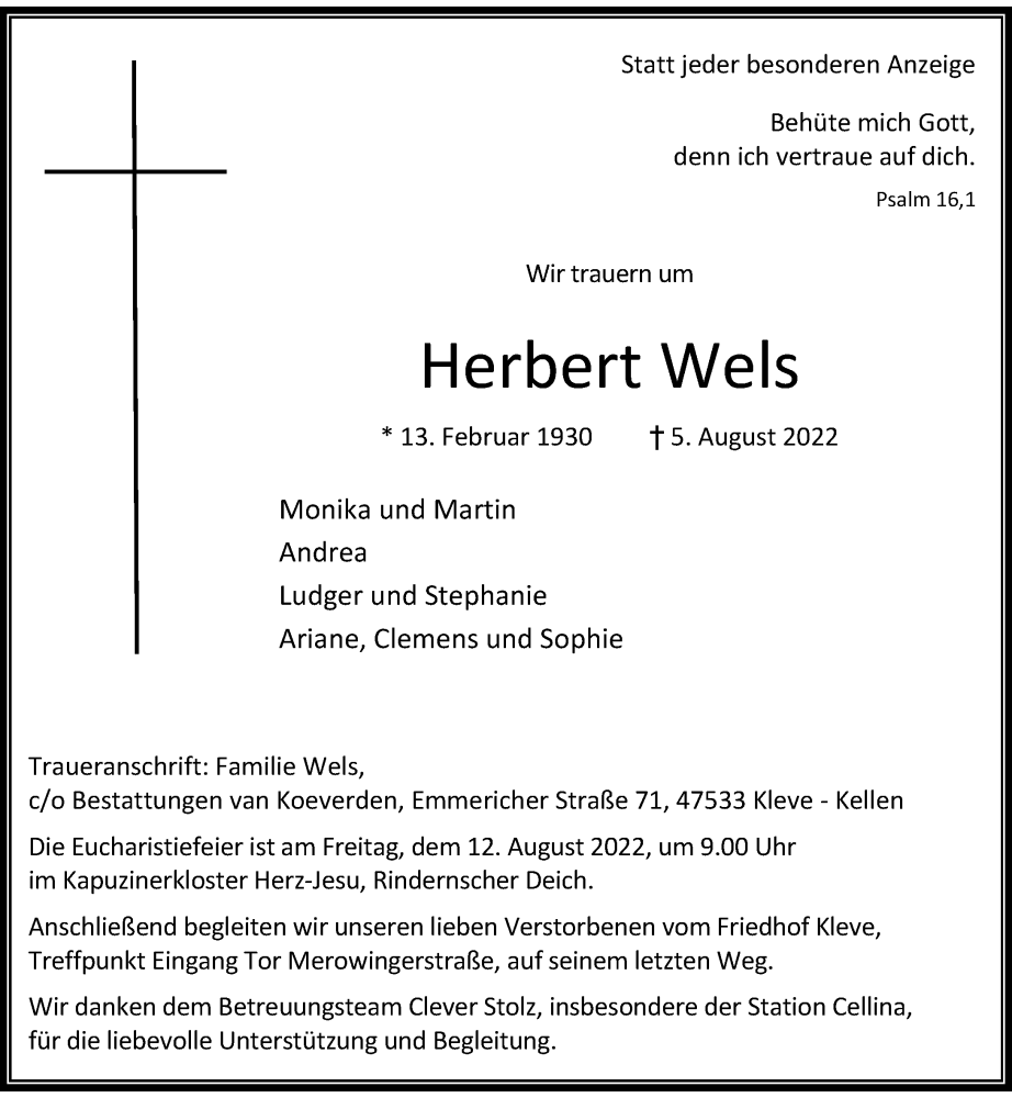  Traueranzeige für Herbert Wels vom 10.08.2022 aus Rheinische Post