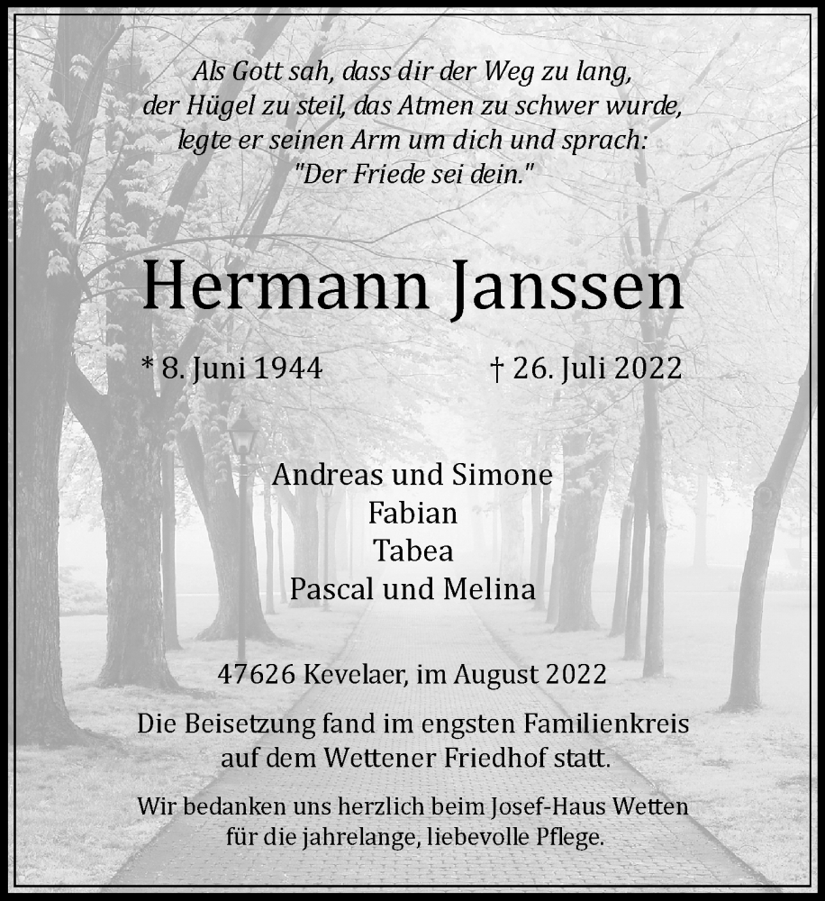  Traueranzeige für Hermann Janssen vom 06.08.2022 aus Rheinische Post