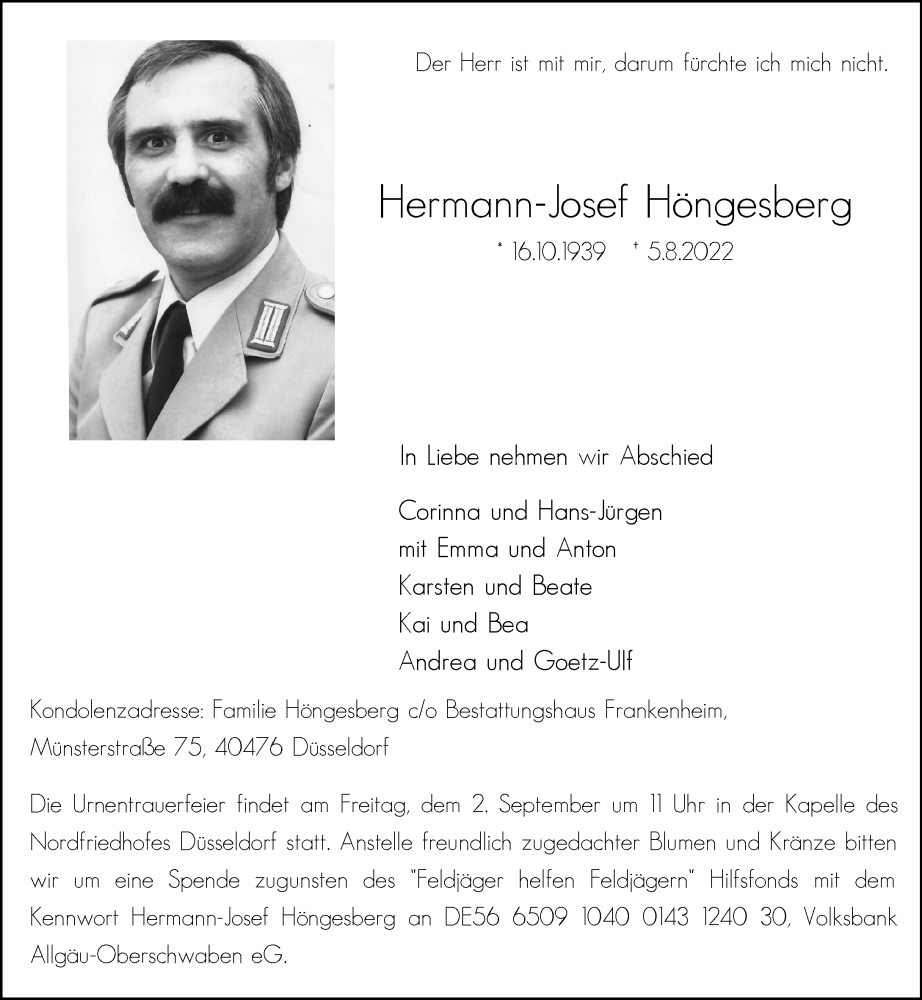  Traueranzeige für Hermann-Josef Höngesberg vom 13.08.2022 aus Rheinische Post