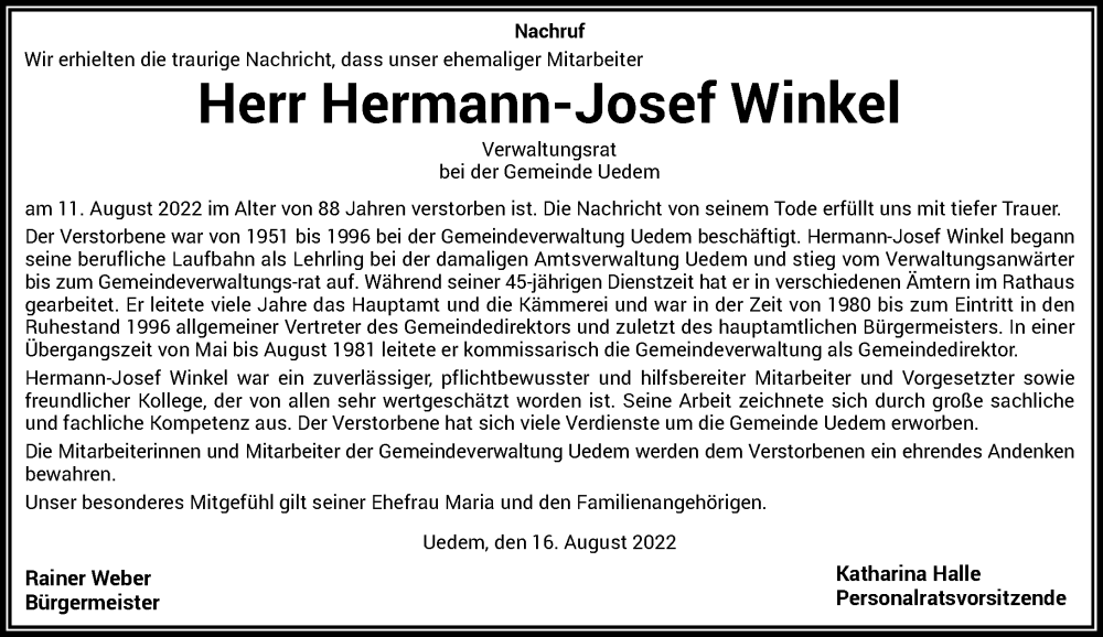  Traueranzeige für Hermann-Josef Winkel vom 18.08.2022 aus Rheinische Post