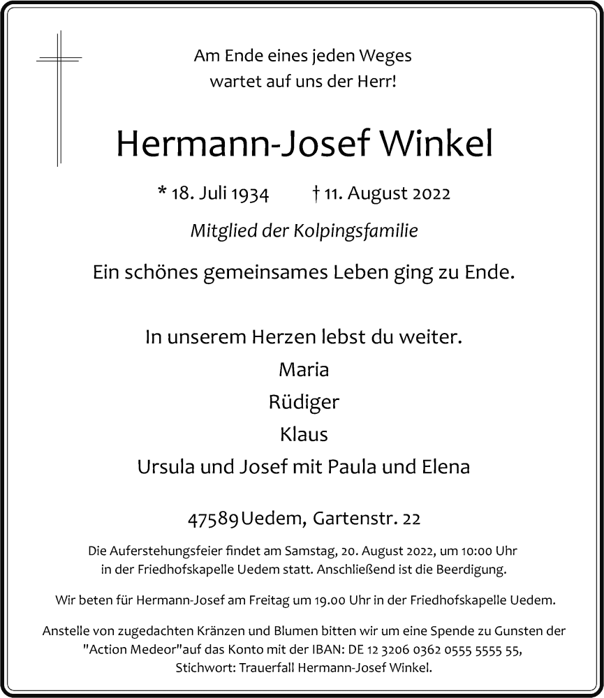  Traueranzeige für Hermann-Josef Winkel vom 16.08.2022 aus Rheinische Post