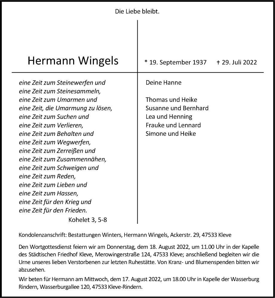  Traueranzeige für Hermann Wingels vom 06.08.2022 aus Rheinische Post