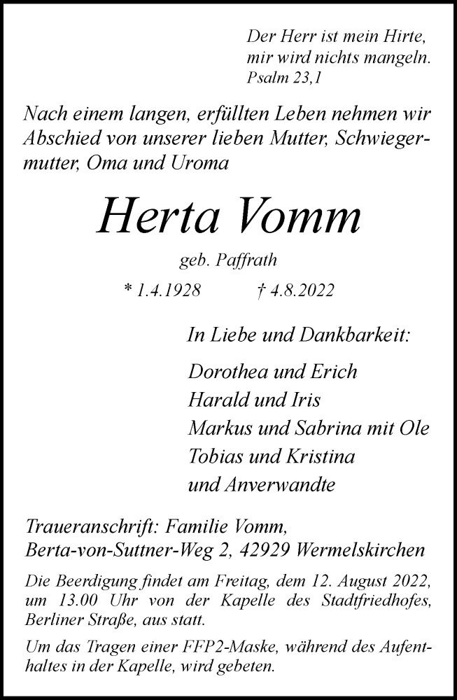  Traueranzeige für Herta Vomm vom 09.08.2022 aus Rheinische Post