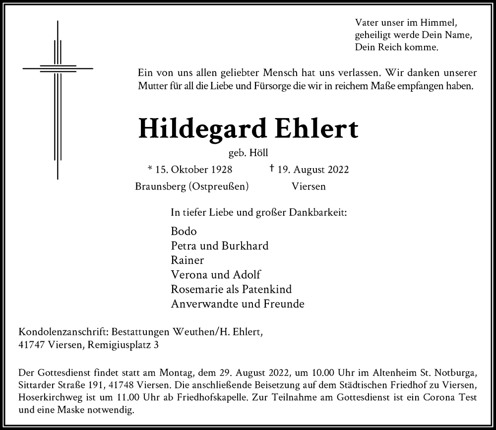  Traueranzeige für Hildegard Ehlert vom 24.08.2022 aus Rheinische Post