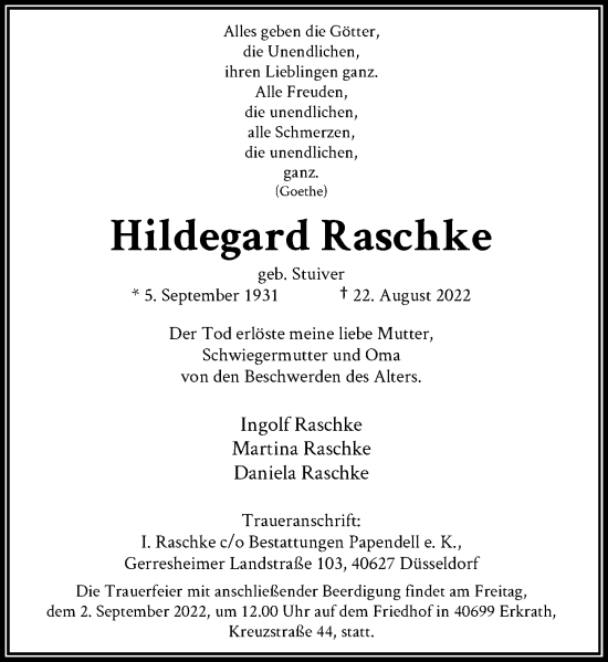 Traueranzeige von Hildegard Raschke von Rheinische Post