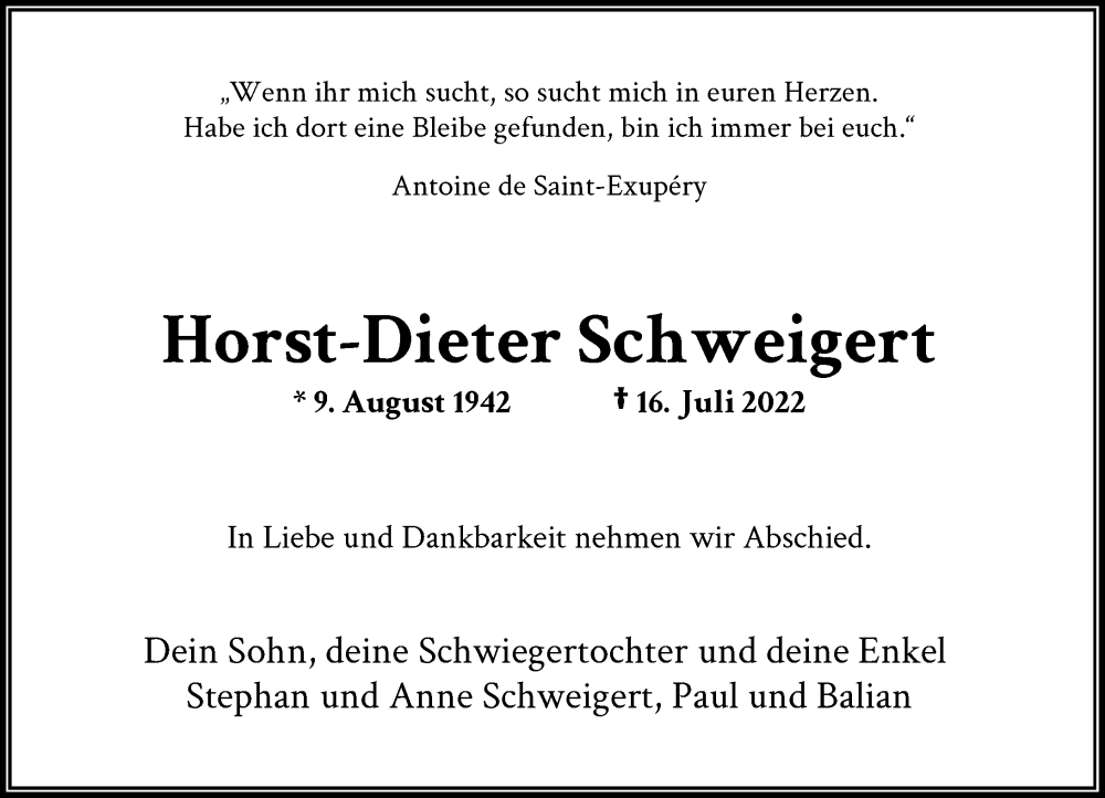  Traueranzeige für Horst-Dieter Schweigert vom 06.08.2022 aus Rheinische Post