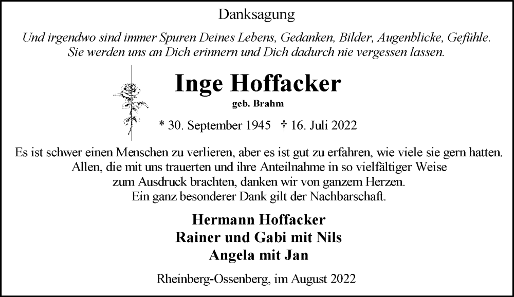  Traueranzeige für Inge Hoffacker vom 17.08.2022 aus Rheinische Post