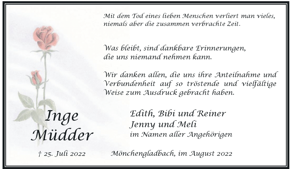  Traueranzeige für Inge Müdder vom 13.08.2022 aus Rheinische Post