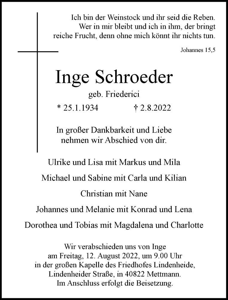  Traueranzeige für Inge Schroeder vom 06.08.2022 aus Rheinische Post