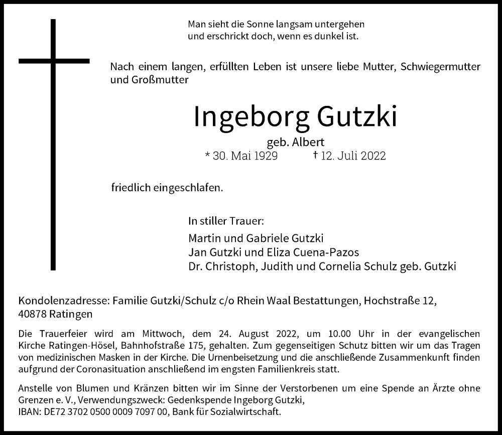  Traueranzeige für Ingeborg Gutzki vom 13.08.2022 aus Rheinische Post