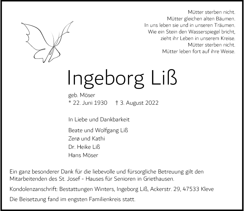  Traueranzeige für Ingeborg Liß vom 03.09.2022 aus Rheinische Post
