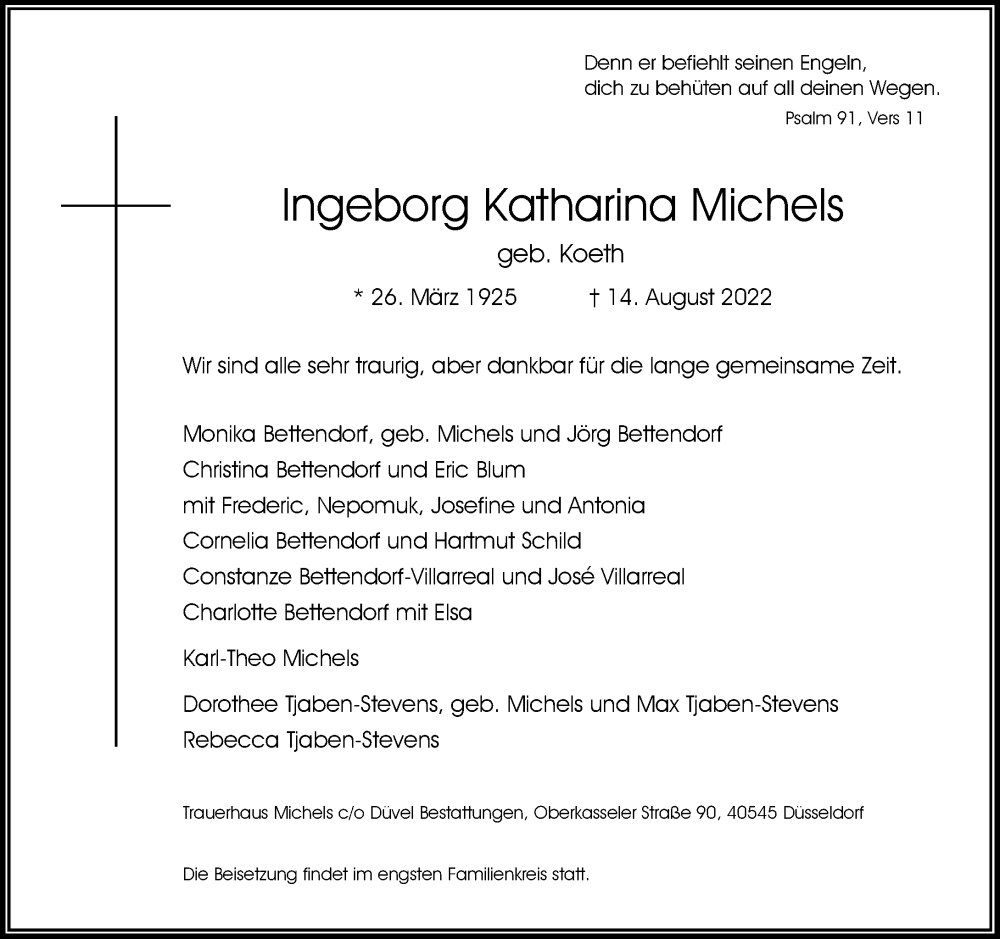  Traueranzeige für Ingeborg Katharina Michels vom 20.08.2022 aus Rheinische Post