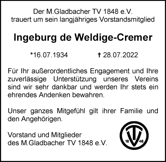 Traueranzeige von Ingeburg de Weldige-Cremer von Rheinische Post